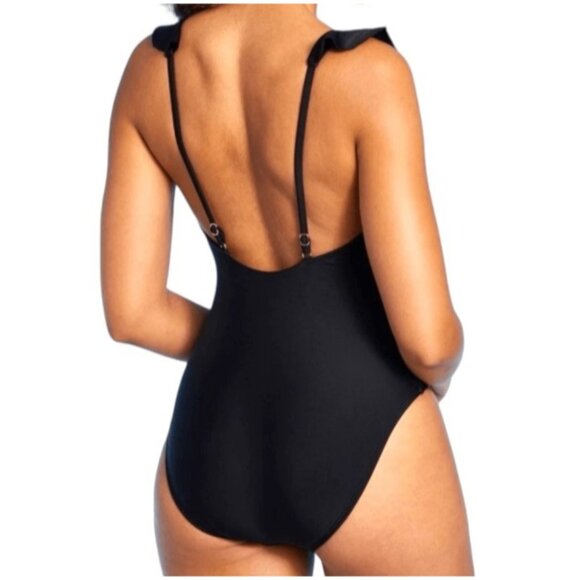 Shade & Shore Women's One Piece Swimsuit XL Black Ruffle Plunge NWT Medium Seat - Picture 2 of 16